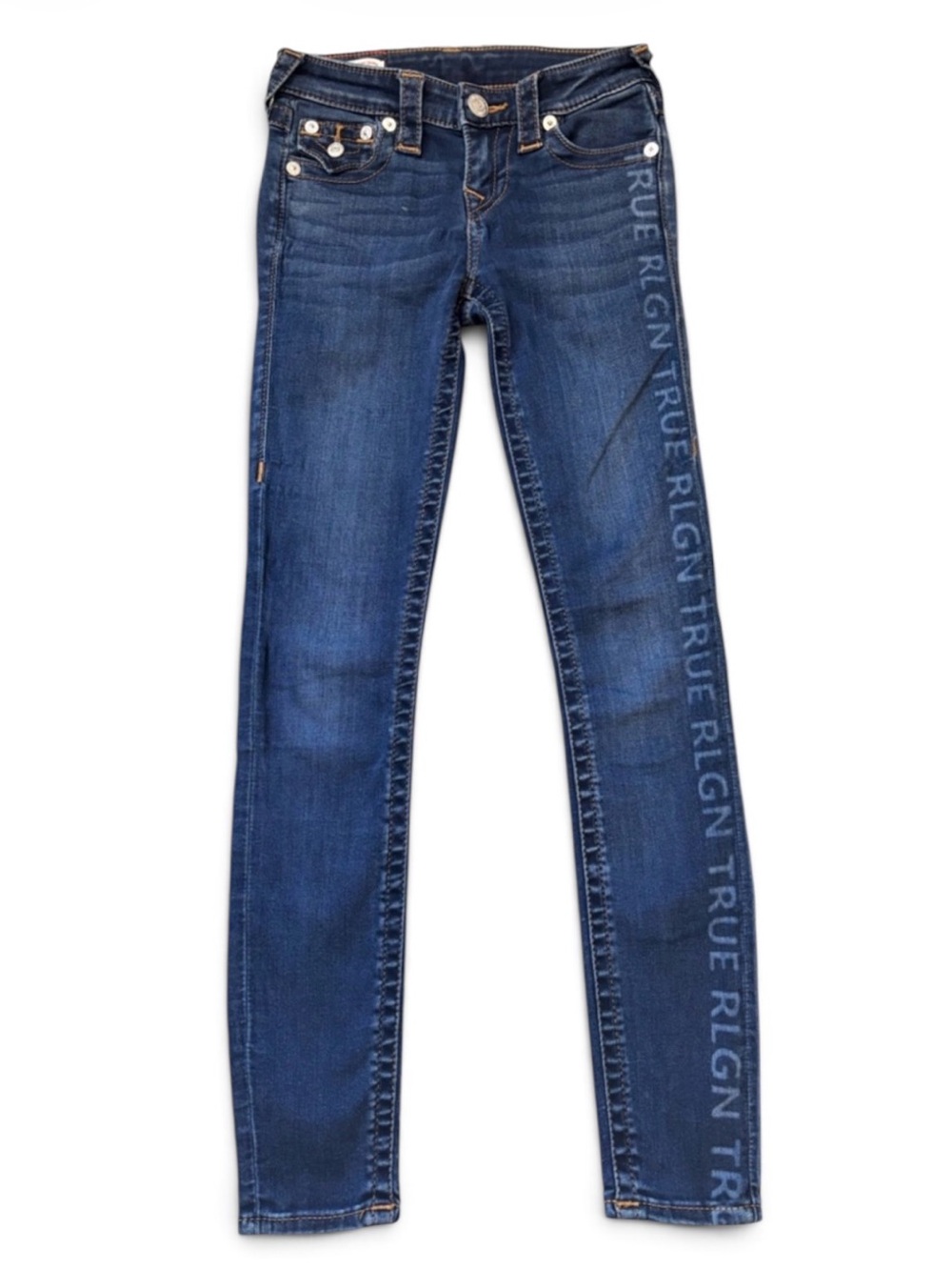 True Religion Jeans Womens 24 Dark Wash Logo Leg Super Skinny Mid Rise Y2K